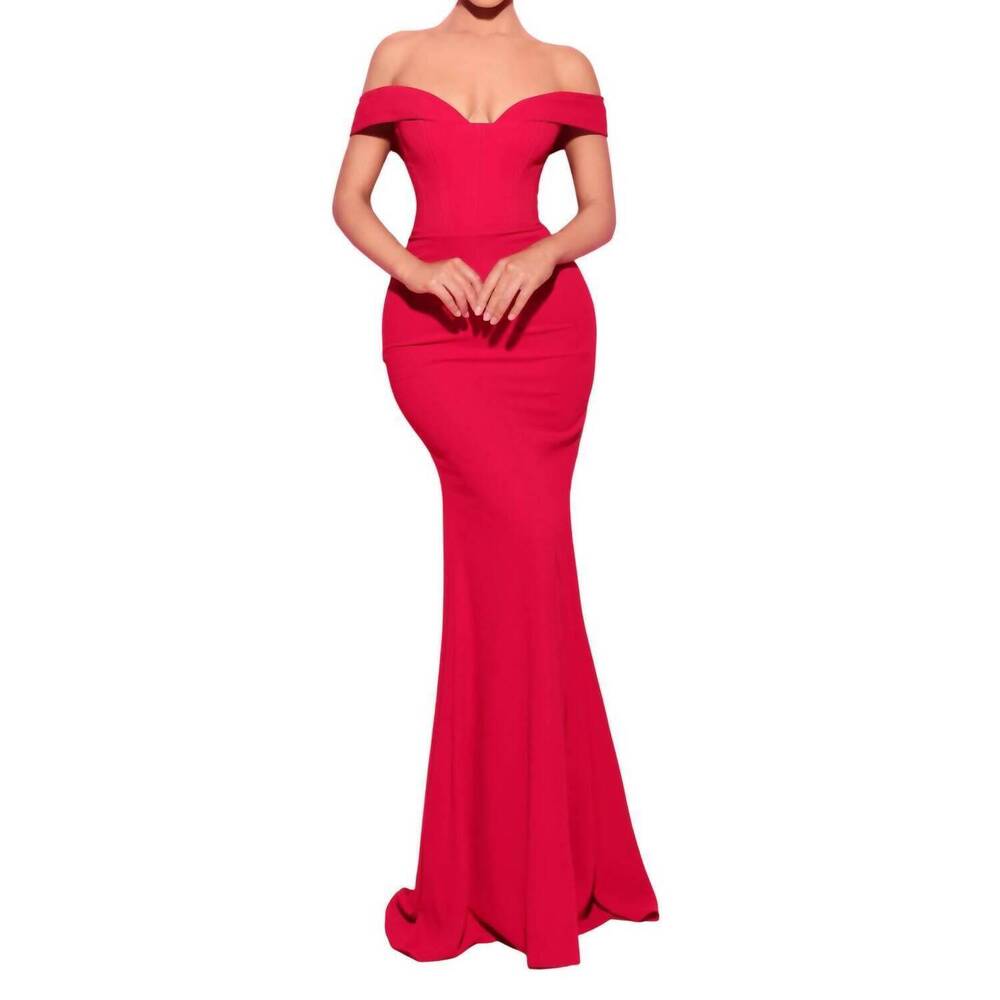 NEW TARIK EDIZ off-shoulder floor-length evening gown in red